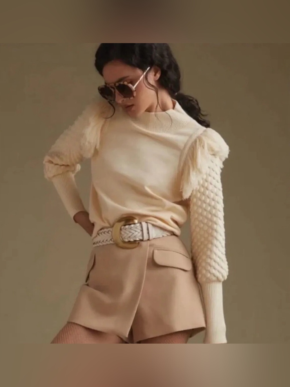 Dolan Anthropologie Cream Puff-Sleeve Mock Neck Sweater Size Medium
